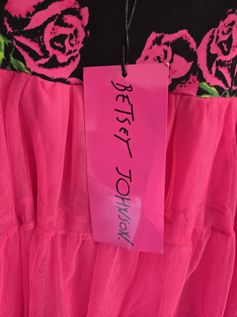 Betsey Johnson Hot Pink Tulle Skirt with Floral Waistband Size L NWT - Picture 6 of 8